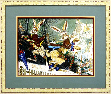 яркая акварель П.Фролова, окантована вишневым слипом с двойным паспарту, деревяный багет завершил игривую композицию.